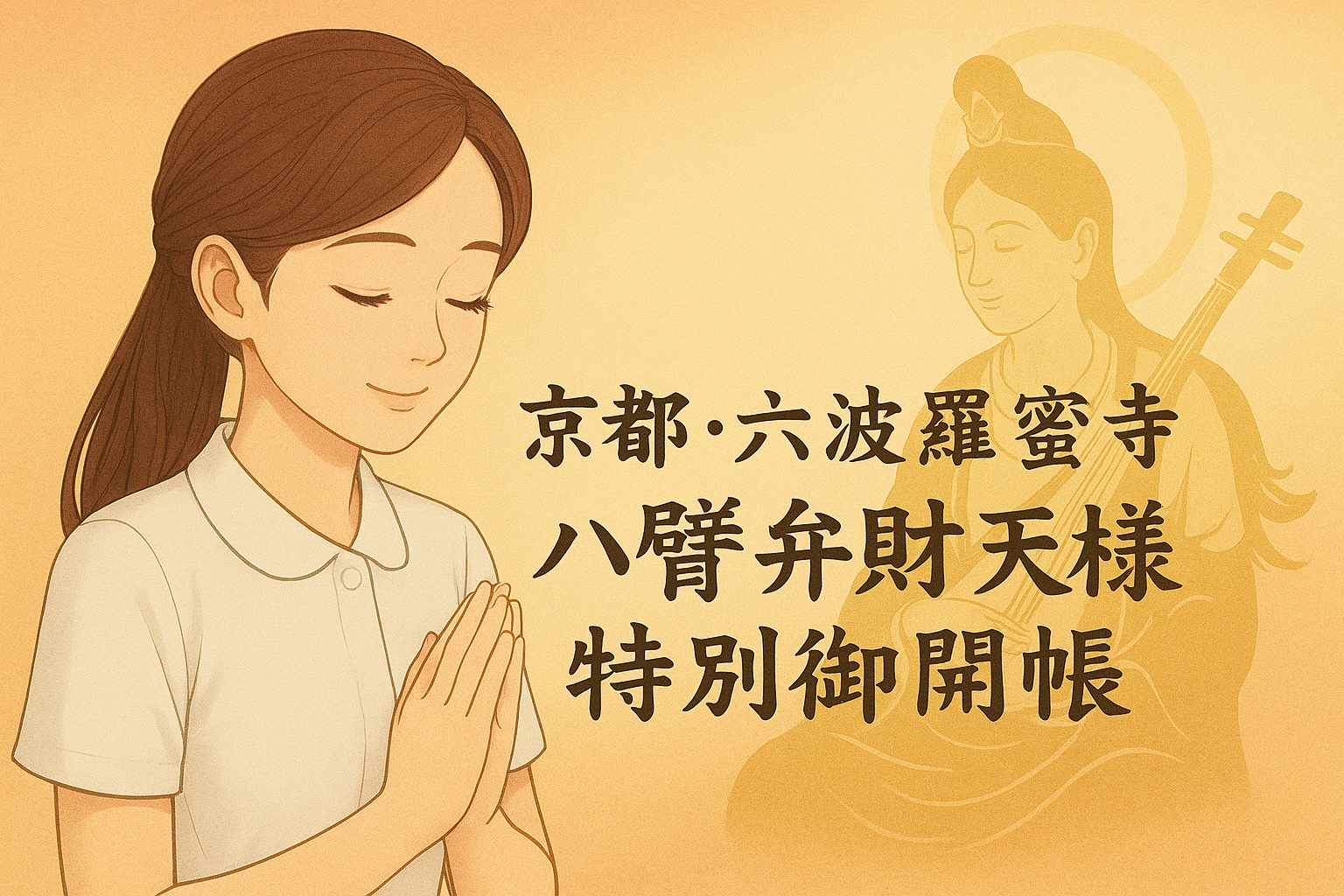京都・六波羅蜜寺の八臂弁財天様特別御開帳を祈るびびナースのイラスト（髪の毛までしっかり映る構図）