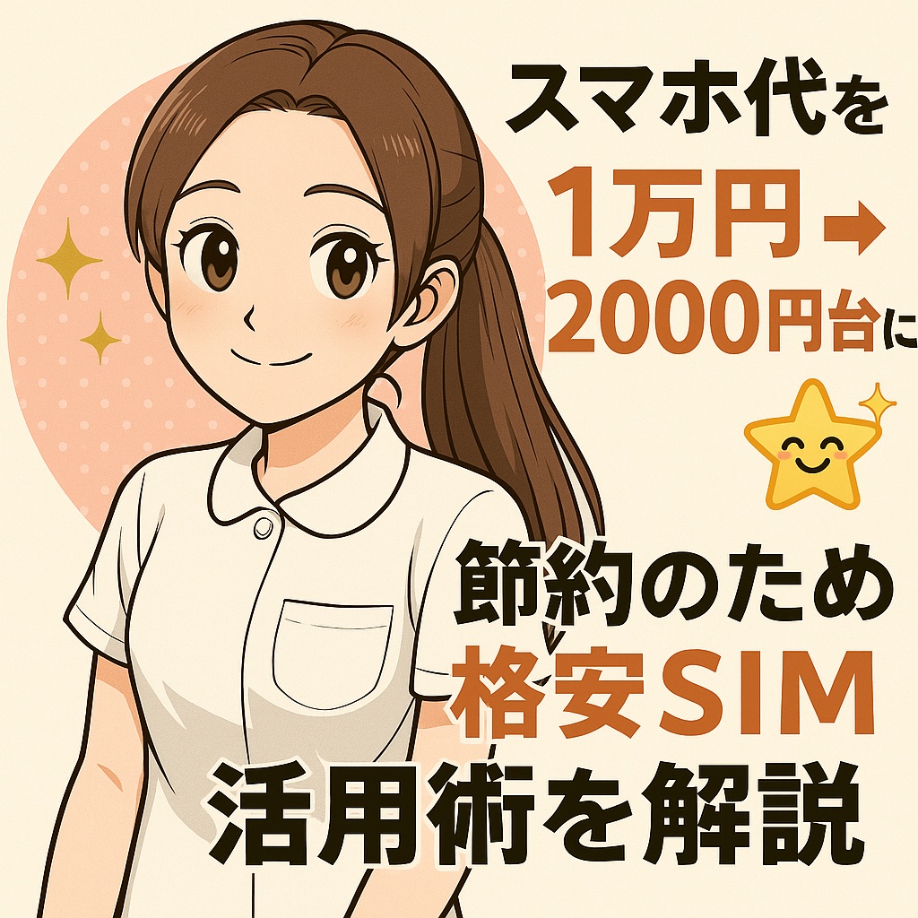 スマホ代を1万円から2,000円台に節約する方法を紹介するナース風キャラクターのイラストと格安SIMの文字が入ったアイキャッチ画像