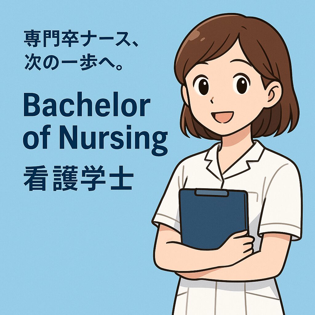 専門卒ナースが“次の一歩”として看護学士（Bachelor of Nursing）取得を目指す決意を表現した、清潔感のあるブルー背景の可愛いナースイラストのアイキャッチ画像