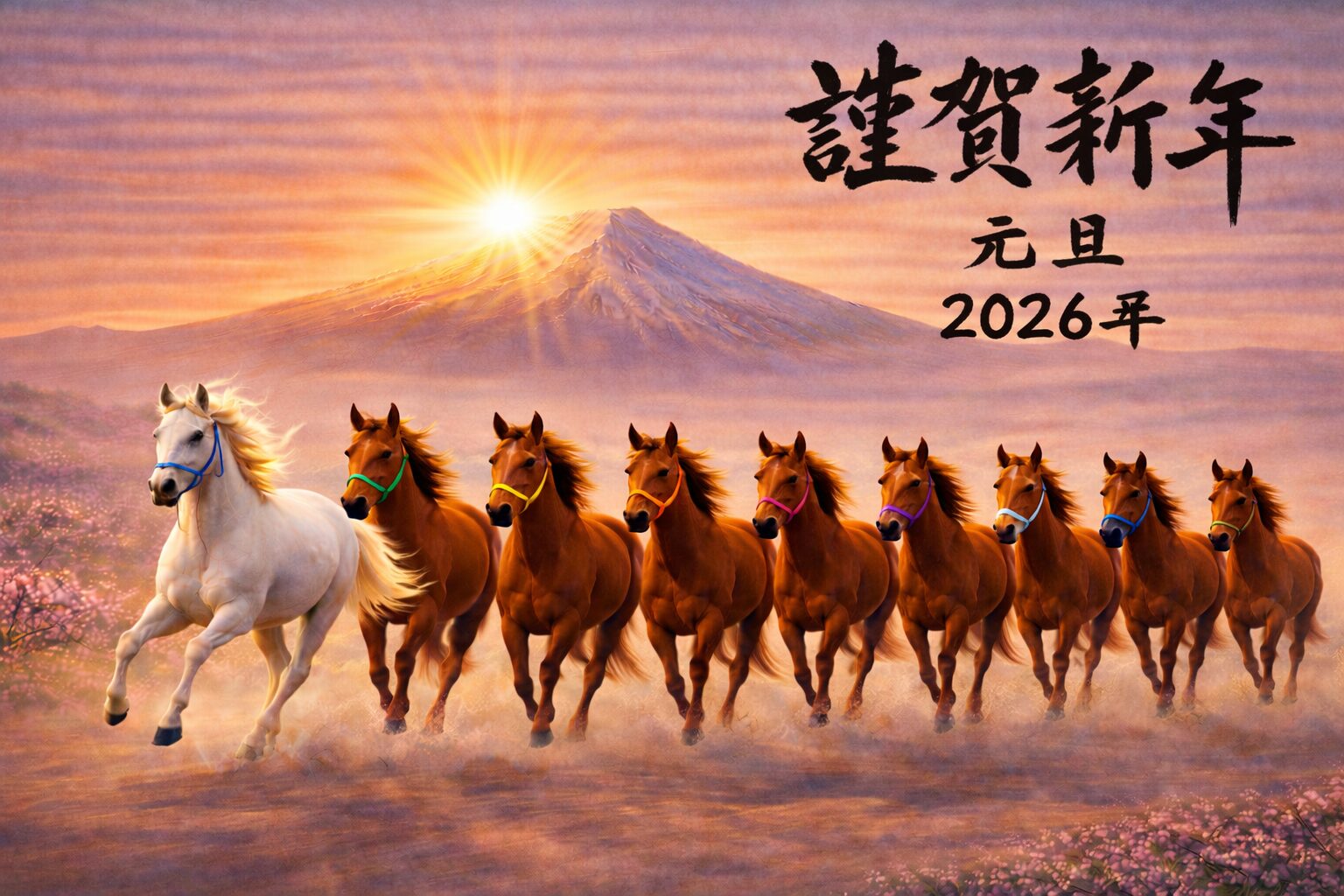 2026年の初日の出と富士山を背景に、9頭の馬が駆け抜ける和風イラスト。毛筆文字で「謹賀新年」「元旦」「2026年」と書かれている。