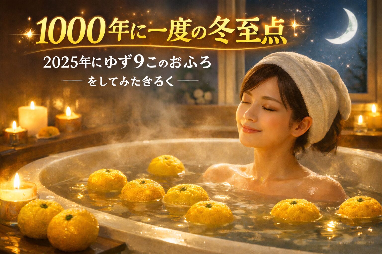 1000年に一度の冬至点に、2025年ゆず9このおふろに入って心と体を整えている様子