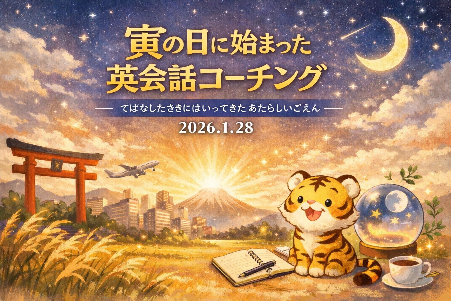 寅の日に始まった英会話コーチングをイメージしたイラスト。夕焼けと星空の中、富士山と鳥居、ノートのそばに座る可愛らしい虎のキャラクターが描かれ、新しいご縁と学びの始まりを表現している。2026年1月28日。
