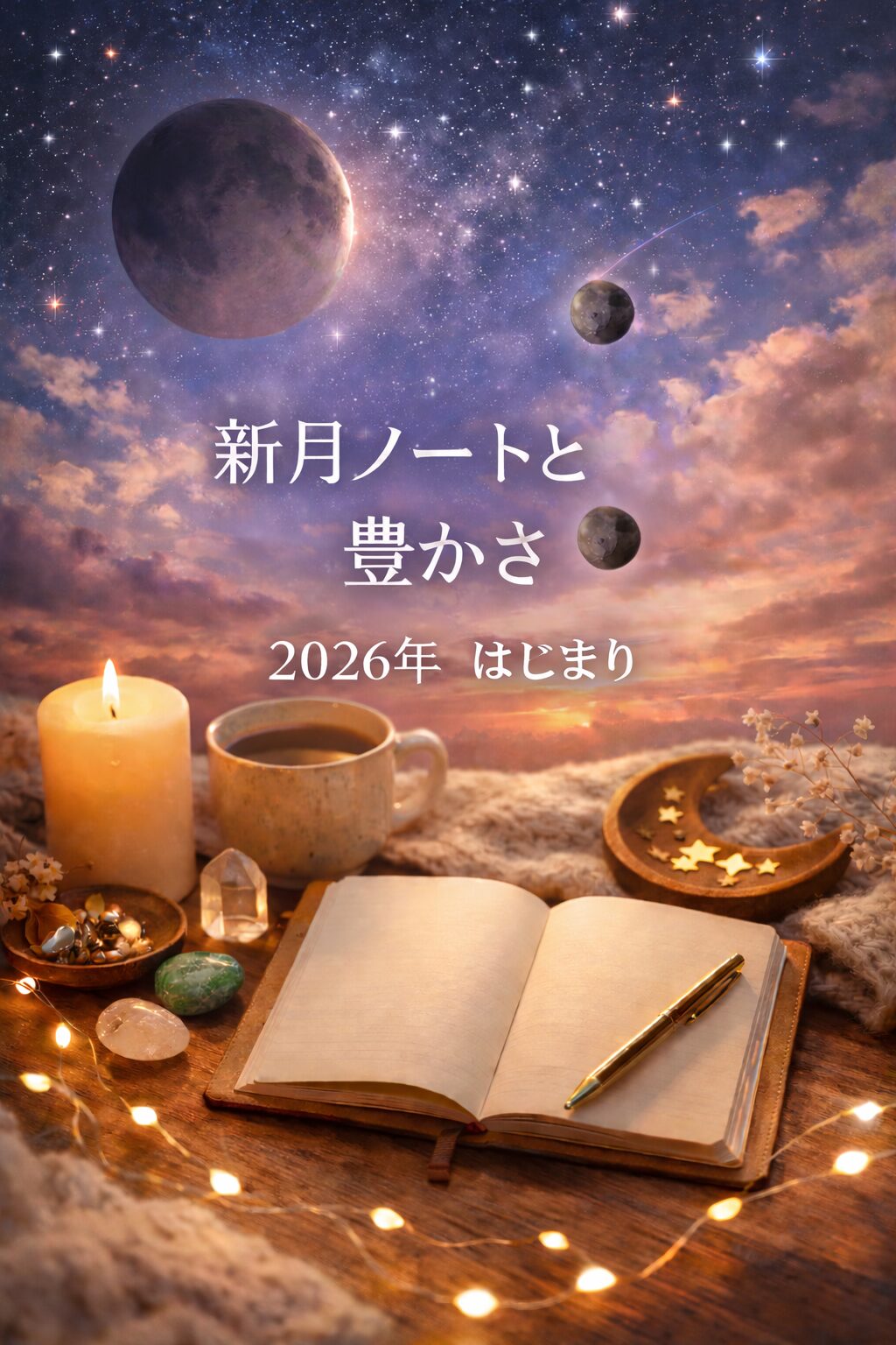 新月ノートと豊かさをテーマにしたアイキャッチ画像。夜空と月、ノートが描かれ、2026年の新しいはじまりを象徴している。